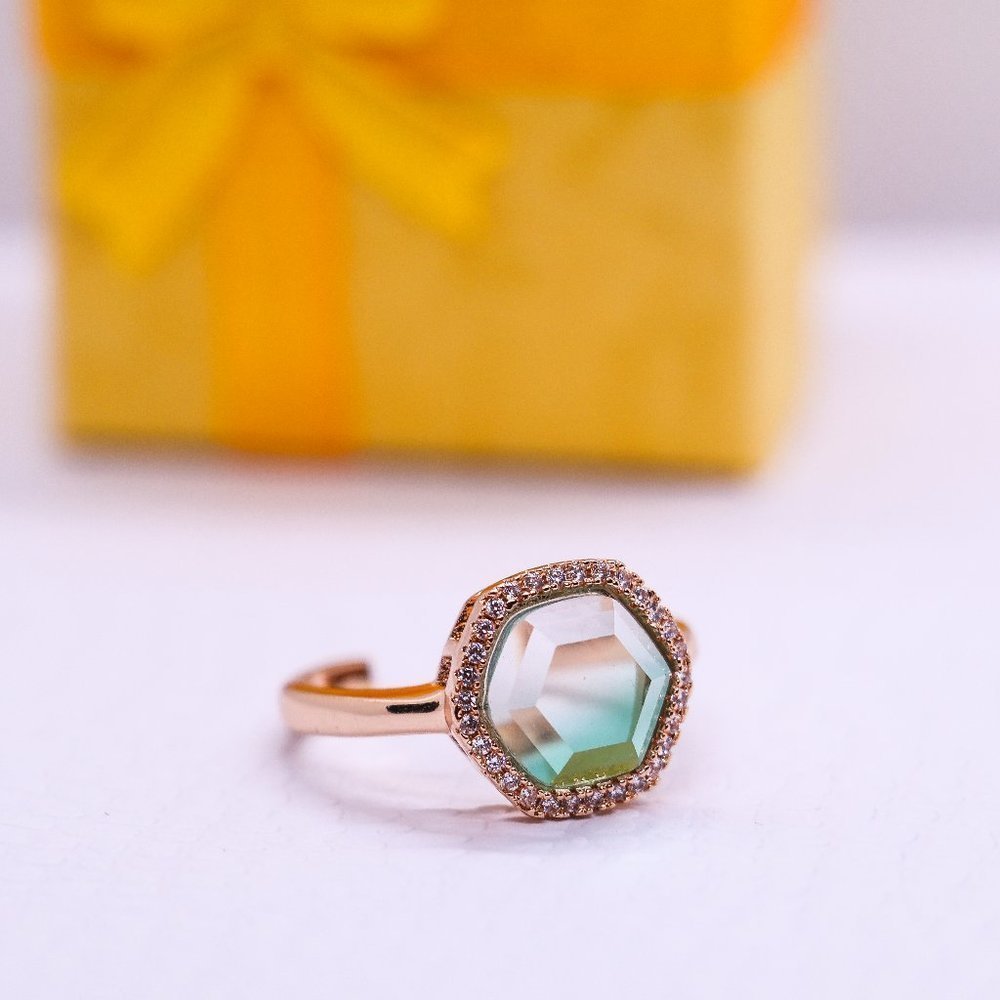 Adjustable Gold Plated Hexagon Green Stone Ring - Picture 2 of 8